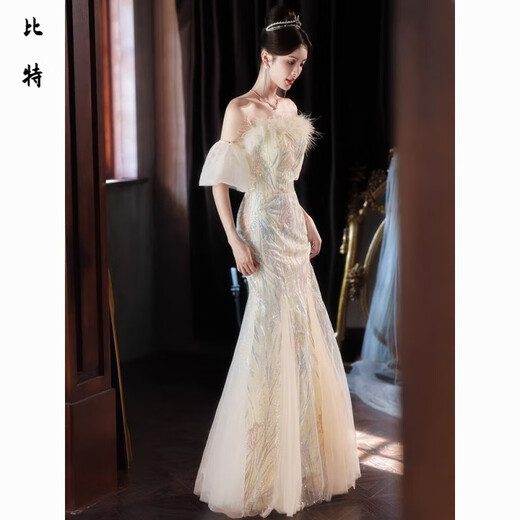 Mouth-turn one-shoulder evening dress for women, new style, light luxury, niche high-end banquet and adult ceremony, stunningly beautiful fishtail skirt, picture color XS