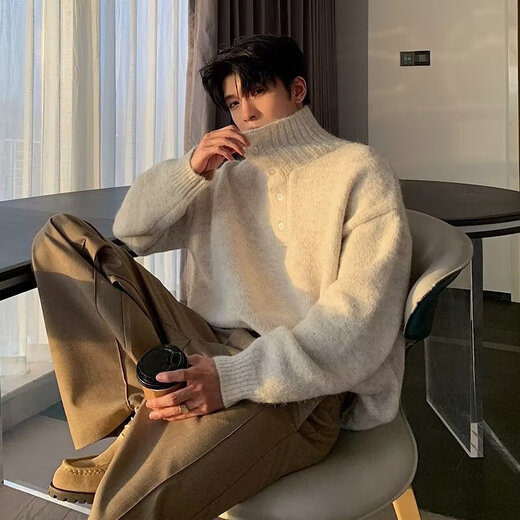 Men's Sweater Henley Collar Buttoned Knit Sweater Men's Turtleneck Warm Fall and Winter Outerwear Loose Lazy Style Black M