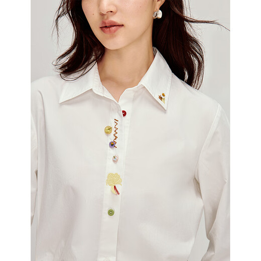 INMAN colorful button embroidered cotton poplin shirt 2026 spring women's new versatile commuter long-sleeved shirt white M