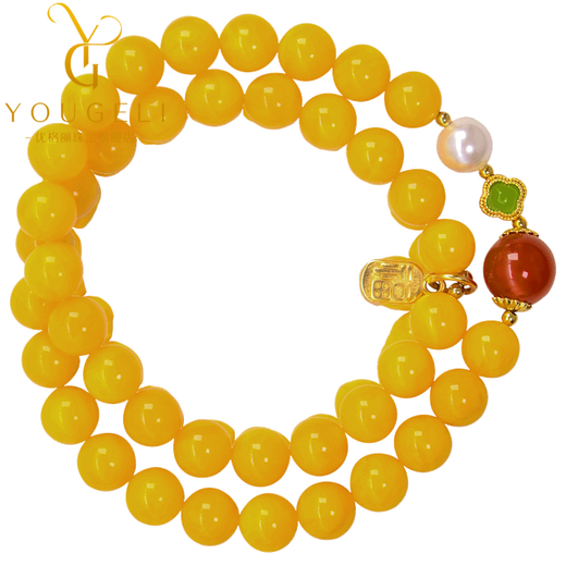 Yogurt Natural Beeswax Bracelet Chicken Fat Yellow Amber Multi-circle Bracelet Chinese Style National Style Jewelry Women's Hand Jewelry Beads 8mm