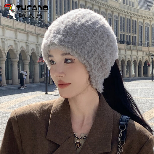 Woodpecker hat women's 2025 new autumn and winter postpartum confinement warm ear protection headband big head circumference plush neck scarf dual-purpose hat gray hat headband three-purpose neck scarf