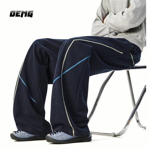 OEMG American Contrast Color Scimitar Casual Pants Men's Autumn New Trendy Straight Loose Wide Leg Versatile Long Sweatpants Navy Blue XL Recommended 110-130Jin Jin equals 0.5kg