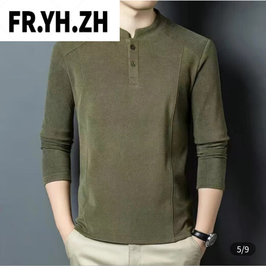 FR.YH.ZH Wansu men's autumn and winter new light luxury double-sided German velvet bottoming shirt men's Henry collar long-sleeved T-shirt stand-up collar sweatshirt black