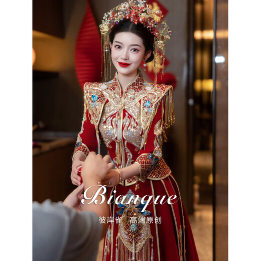 ROAR UTHAUG velvet show and clothing bride 2025 new wedding dress slim fit women's heavy industry show kimono women's wedding dress Biyiniao high-end soft velvet (no headgear) M