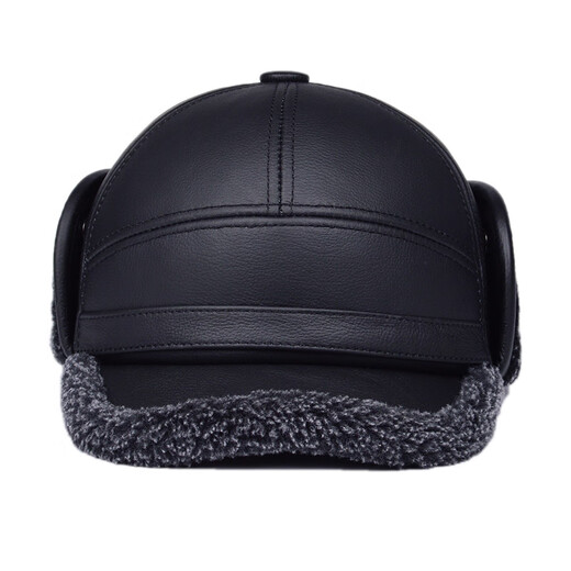 Hengyuanxiang winter genuine leather hat for middle-aged and elderly men's cowhide peaked cap to keep warm and ear-protective baseball cap for the elderly cotton hat grandpa A style black L (55-56cm) small head circumference