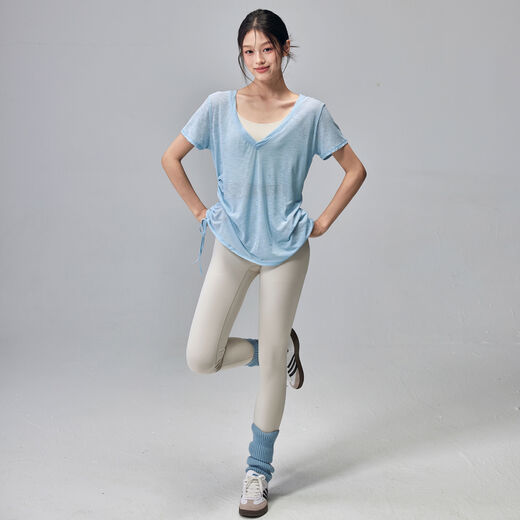 Fitness girl summer thin yoga wear short-sleeved loose slimming Pilates training blouse quick-drying sports upper blue S S