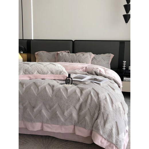 Cheng Baobao rabbit plush four-piece set milk velvet winter coral velvet flannel bed quilt cover solid color high-end home textile bed sheet style rabbit plush-lotus pink bed sheet style 1.5m bed four-piece set suitable for 200*230cm quilt