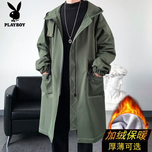 Playboy (PLAYBOY) winter men's mid-length velvet thickened hooded windbreaker men's Korean version slim large size warm coat coat trendy black velvet 3XL