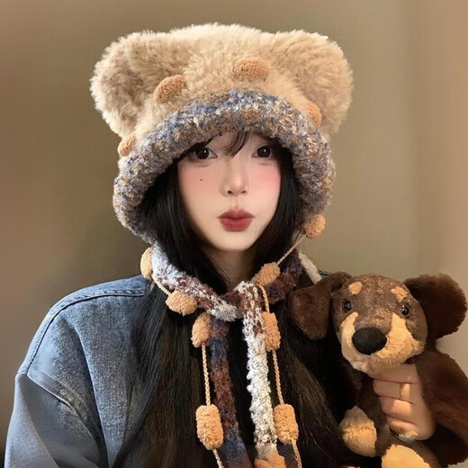 Nanmuxiong plush hat for women in autumn and winter to keep warm and cold-proof, thickened face-showing small knitted ear protection hat, bear ear thunder hat, bear ball ball cap, khaki color