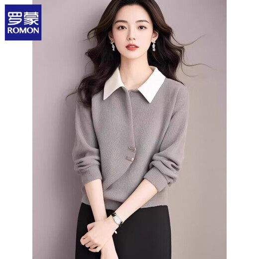 ROMON fake two-piece corduroy thickened shirt for women in autumn and winter fashion contrasting color atmosphere loose casual Polo collar top light gray L suitable for 100-110Jin Jin equals 0.5 kg