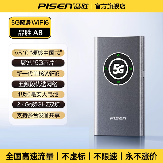 Pinsheng portable wifi 5G network mobile 2025 new unlimited speed national universal traffic wifi6 genuine car portable wi-fi high-speed multi-function super signal Pinsheng A8 (true 5G+single core WiFi6+five-mode frequency band)