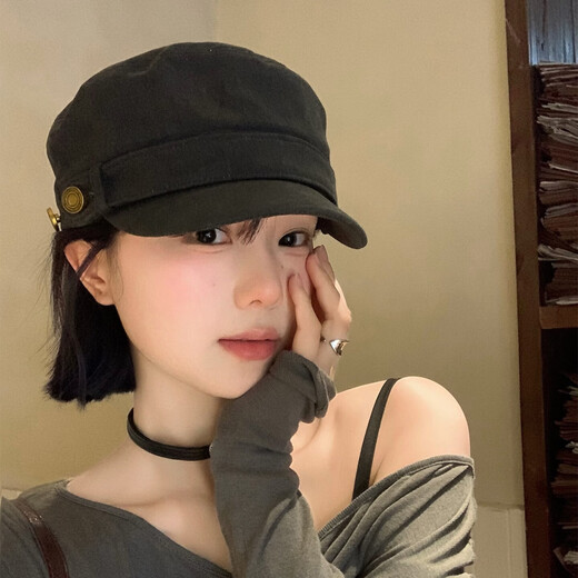 BIBK beret women's peaked cap equestrian hat showing face small flat top retro fashion hat square round face high skull retro green one size fits all elastic 55-59cm