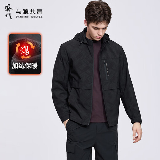 Dances with Wolves Dark Pattern Velvet Detachable Hooded Jacket Men's 2025 Autumn and Winter New Outdoor Warm Youth Jacket 1061 Black 001 L (175)