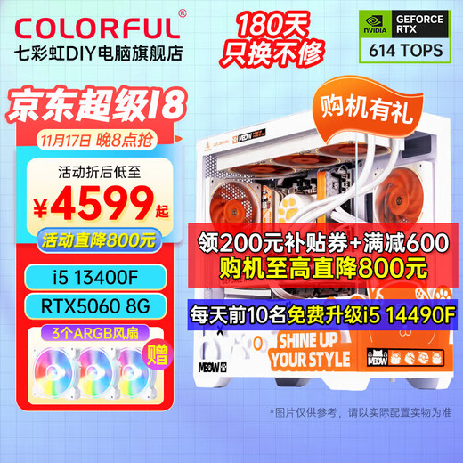 Colorful Orange Cat customized host Core i5 13400F RTX5060Ti graphics card desktop computer 4060Ti chicken game AI live broadcast design DIY assembly machine equipped with three丨i5 13400F丨RTX5060 8G丨32GB memory