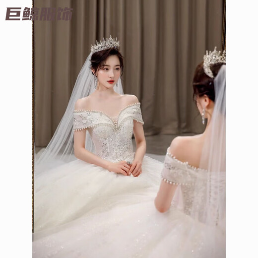 Tromlfz one-shoulder wedding dress new bridal main yarn palace style heavy industry trailing white going out yarn simple floor-length M