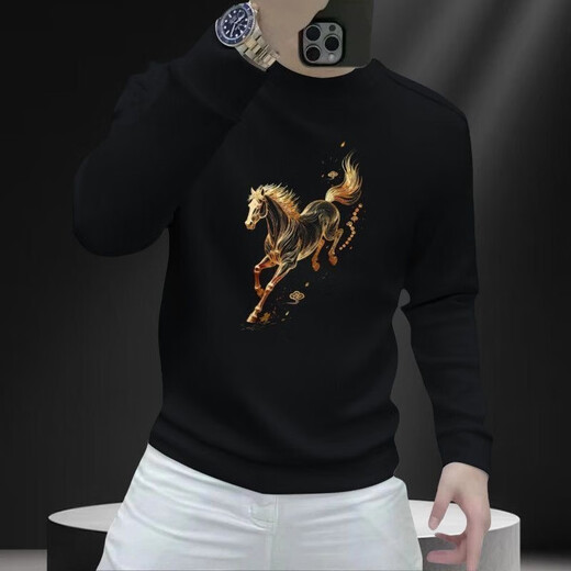 Clothes for the year of the horse and the zodiac year are about to succeed, trendy men's sweatshirts, red printed autumn and winter T-shirts 2, burgundy plus velvet, 4XL