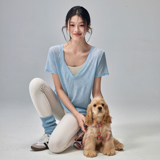 Fitness girl summer thin yoga wear short-sleeved loose slimming Pilates training blouse quick-drying sports upper blue S S