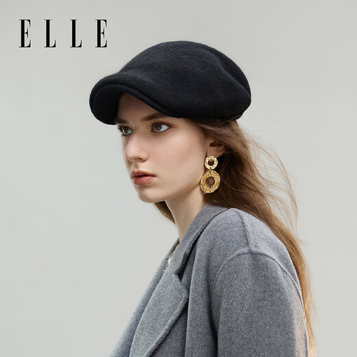ELLE Autumn and Winter Octagonal Hat Women's Retro Warm Beret Elegant and Versatile Painter Hat Black
