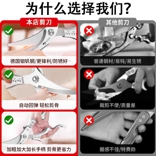 Sisika Tijeras de cocina alemanas de acero inoxidable para el hogar, potentes tijeras multifuncionales para huesos de pollo, tijeras afiladas de alta dureza para alimentos, tijeras para huesos de pollo engrosadas mejoradas