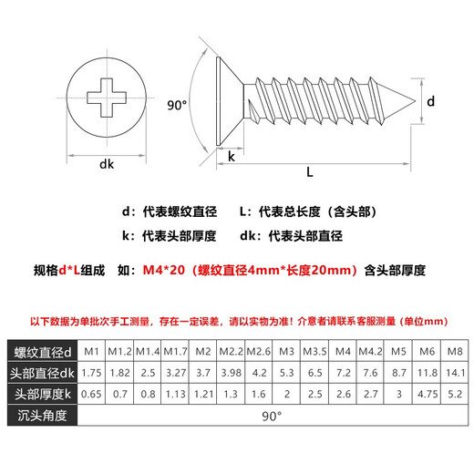 Bairite 304 stainless steel countersunk head self-tapping screws cross flat head self-tapping screws extended wood nails dry wall nails GB846 M4*50 30 pieces