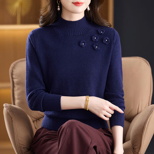 Factory direct sales three-dimensional flower half turtleneck sweater for women autumn and winter fashionable loose knitted bottoming beige XL