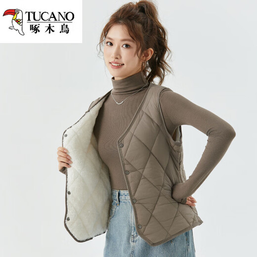 Woodpecker Autumn and Winter Down Cotton Vest Women's 2025 New Velvet Warm Vest Short Round Neck Vest Slim Fit Versatile Liner 8021 Ocean Blue Velvet XL (110Jin Jin is equal to 0.5 kg)