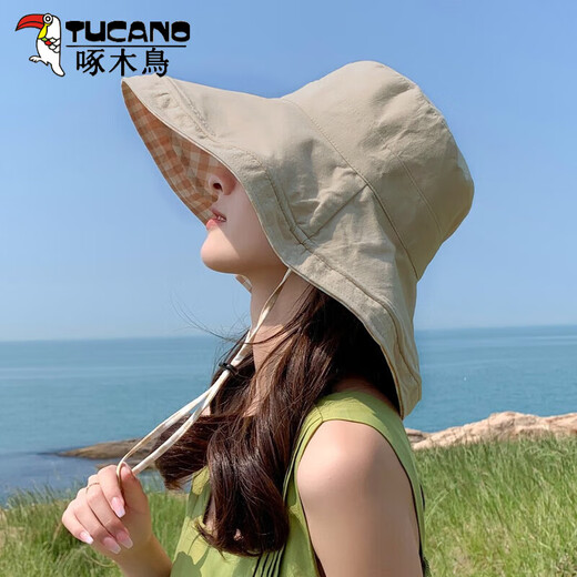 Woodpecker (TUCANO) double-sided plaid fisherman hat for women, spring and summer foldable sun visor, large brim sun hat to cover face, Korean version, trendy, khaki, double-sided (55-60cm)