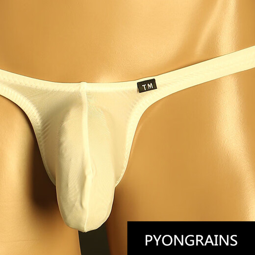 PYONGRAINS men's nude translucent thong thin ice silk sexy thong underwear sexy temptation black S