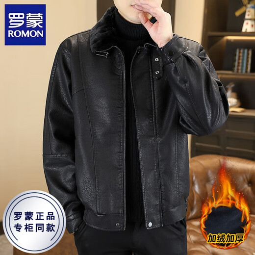 ROMON leather jacket men's winter fur integrated velvet thickened warm and cold-proof fashion versatile motorcycle jacket for men black XL recommended 110-130Jin Jin equals 0.5 kg