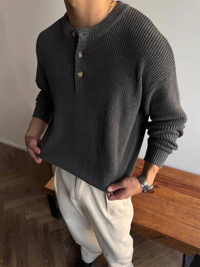 Jiaojing Laoqian Henry Collar Sweater Old Money Style Henry Collar Sweater Men's Autumn and Winter Lazy Feeling Bottoming Long Sleeve Pin Khaki High Quality M