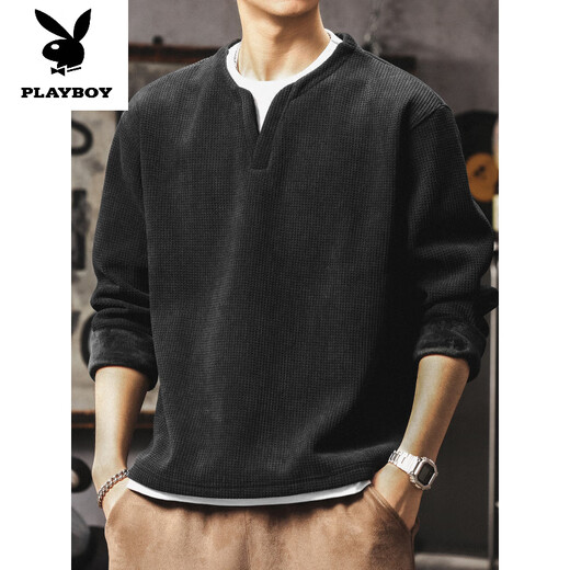 Playboy (PLAYBOY) fake two-piece long-sleeved t-shirt men's trendy brand v-neck top American retro waffle henley shirt base sweatshirt apricot heavy 400g M 100120Jin Jin equals 0.5 kg