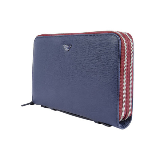 Armani (ARMANI) zippered double-layer long calfskin wallet for men and women, blue, blue