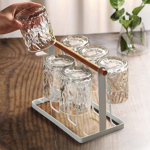 Guiqi glass water cup holder set household simple high temperature resistant transparent drinking cup wine glass living room teacup 6 tree pattern cup 250ml + white cup holder