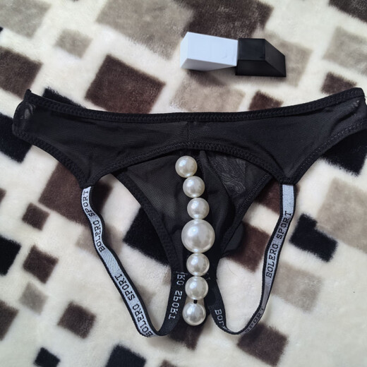 He Jiagong's customized underwear with beads for men, sexy exposed buttocks, thin mesh, 7 large beads, massage back door personalized thong, black, one size fits all, 80-135Jin Jin is equal to 0.5kg