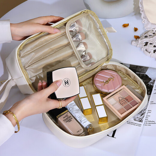 JD Logistics Portable Advanced New Double-Layer Cloud Cosmetics Storage Bag Travel Large-Capacity Toiletries Bag Single-Layer Milk Apricot White