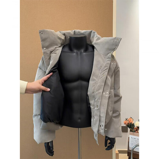 XUANSENTU tie-dyed PU leather down jacket men's winter thickened cotton jacket high-neck cotton jacket American trendy brand short cotton jacket gray upgraded cotton jacket M