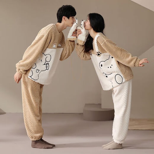 Victoria's style couple's pajamas winter coral velvet thickened and warm one man and one woman cartoon cute home wear outer suit LN9018 M women's + men's L