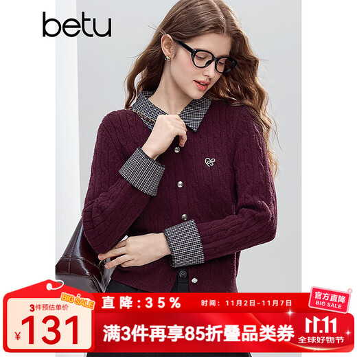 Betu women's 2025 winter new sweater lapel plaid stitching exquisite twisted rope fake two-piece top 2510T39 burgundy M