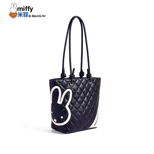 Miffy ring tote bag, fashionable and versatile handbag, high-end bucket bag, birthday gift with zipper, black with white small size