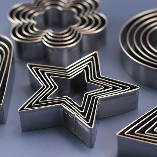 Qiaobolai stainless steel biscuit dry mold geometric round love plum blossom vegetable and fruit cutting mold baking cookie fondant mold above 5 styles complete set of 25 pieces