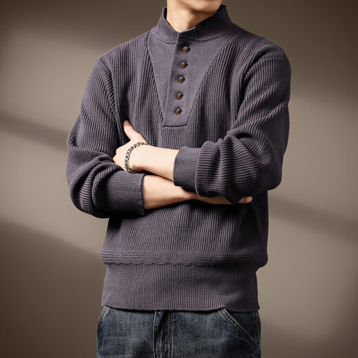 Lanlingfang high-end American heavyweight handsome Henry collar sweater for men 2025 spring and autumn new warm retro bottoming sweater for men gray khaki S_suitable for 90-110Jin Jin is equal to 0.5 kg