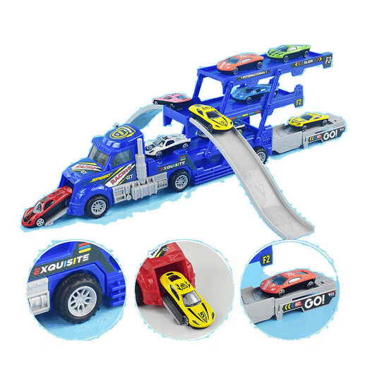 Toy double-decker trailer flatbed remote control children's container truck transport can eject with car model boy car blue three-layer ejectable with 12 cars and delivery track