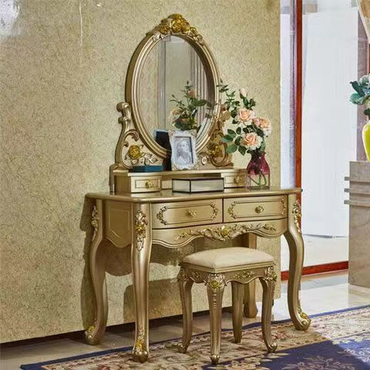 Champagne gold European style dressing table bedroom small apartment Internet celebrity princess rich gold simple dressing table mirror 1 meter champagne gold round mirror dressing table + makeup stool