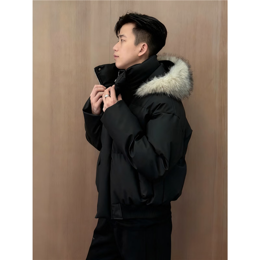 Jufeng black American short pu leather down jacket men's winter detachable fur collar cotton jacket high-end bread suit black S (recommended 80-95Jin Jin equals 0.5kg)
