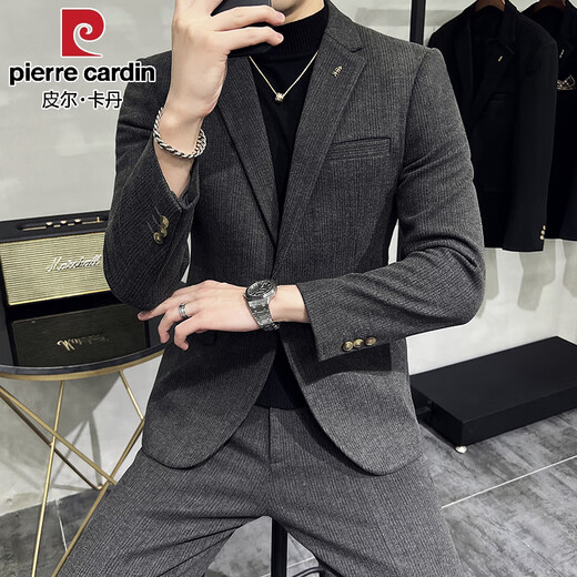 Pierre Cardin winter thick gray woolen suit jacket men's high-end herringbone slim fit Korean suit two-piece gray single suit XL suitable for 125-140Jin Jin equals about 0.5 kg