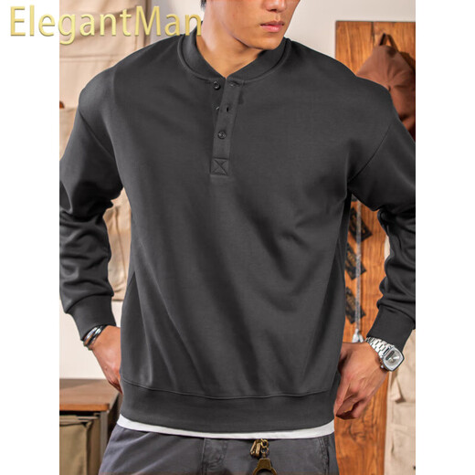 ElegantMan Winter and Autumn Henley Collar Sweatshirt Men's Pullover 320g Heavy New Henley Shirt Jacket Top Long Sleeve Casual Men Dark Gray M