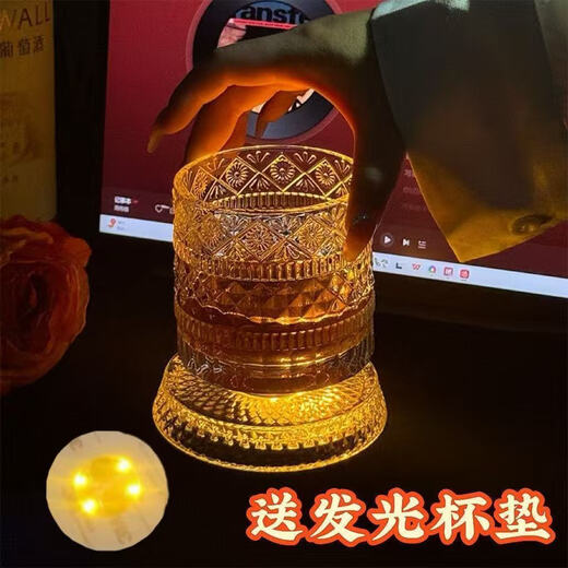 Bedojia crystal bottom rotating whiskey glass, high-end tumbler beer glass, home supplies, office high-end wineware, planet rotating cup with luminous coaster