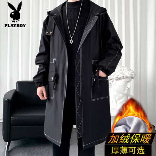 Playboy (PLAYBOY) winter men's mid-length velvet thickened hooded windbreaker men's Korean version slim large size warm coat coat trendy black velvet 3XL
