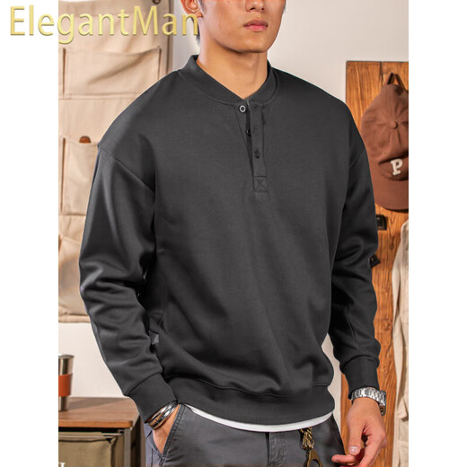 ElegantMan Winter and Autumn Henley Collar Sweatshirt Men's Pullover 320g Heavy New Henley Shirt Jacket Top Long Sleeve Casual Men Dark Gray M