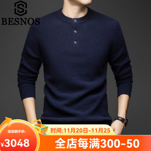 BESNOS Light Luxury Pure Cashmere Sweater Men's Thickened Winter Henley Neck Sweater Round Neck Casual Warm Knitted Bottoming Shirt Navy Blue XL (180)